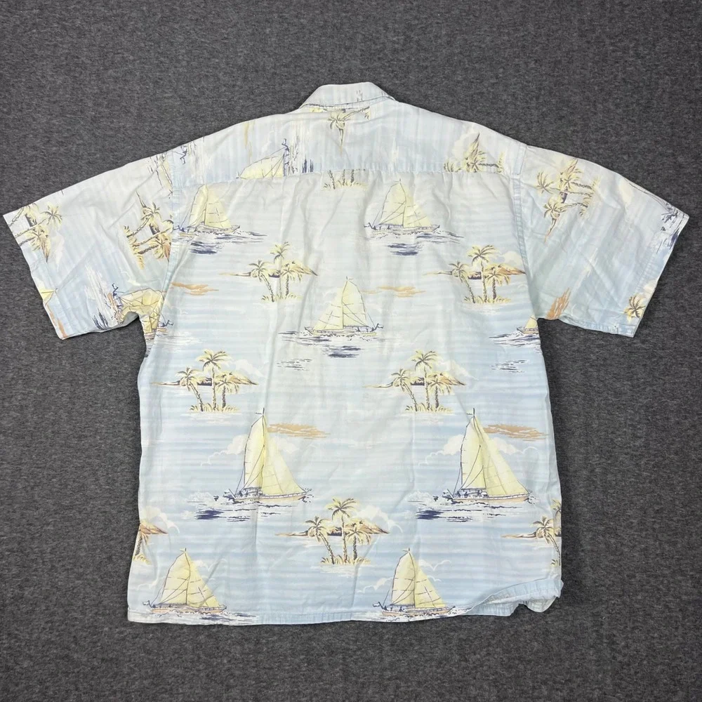 Campia Moda Hawaiian Shirt Mens XL Light Blue Sailboat Palm Tree Tropical Cotton